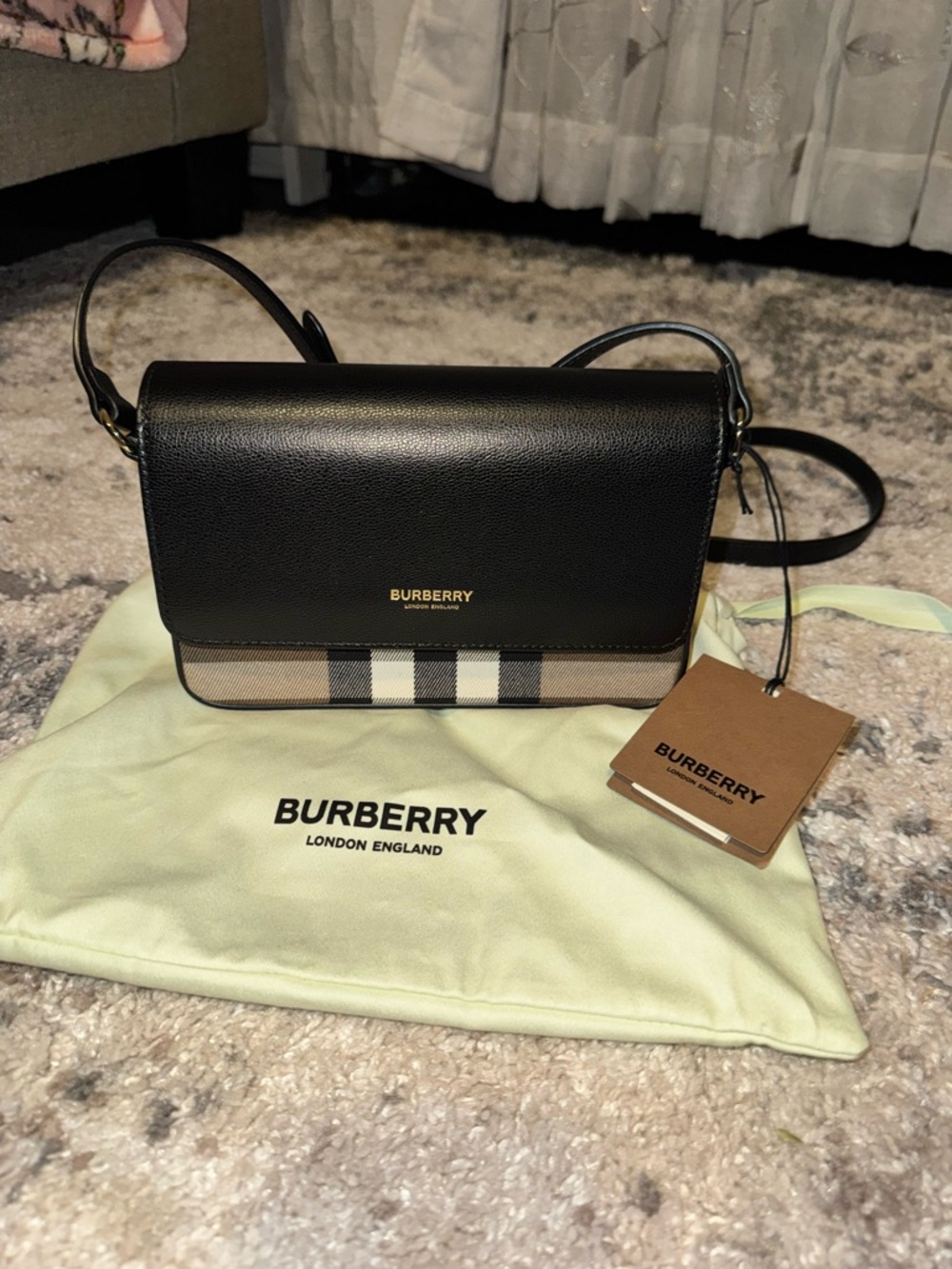 Burberry Black Leather Crossbody with Vintage Check Panel